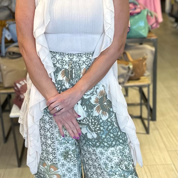 MISS ME Womens Flowy Lace Mix Pants Size S,M,L Muted Green Cream Pull O… - Picture 3 of 6